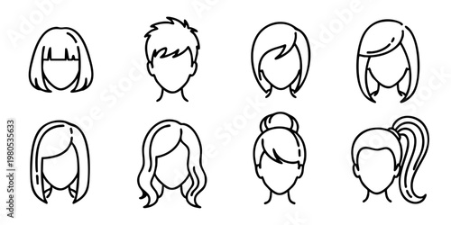 Illustration of various hairstyles and heads in a graphic style setting