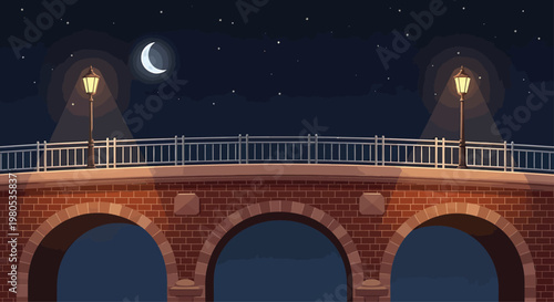 Brick Bridge at Night with Street Lights and Crescent Moon