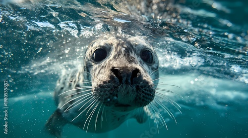Close Portrait of Seal Swimming Underwater in Clear Ocean