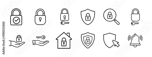 Cyber security and privacy line icons set featuring lock protection biometric authentication shield safety and home surveillance vector illustration with editable stroke.