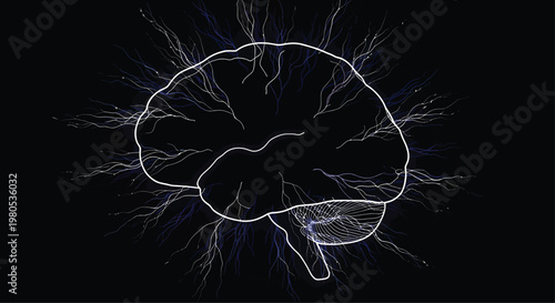 Brain with Electric Pulses on Black Background