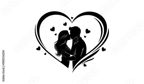 Kissing couple silhouette inside heart romantic love vector illustration