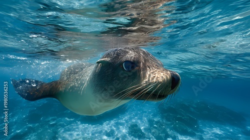 Playful Seal Swimming in Clear Blue Sea Close View