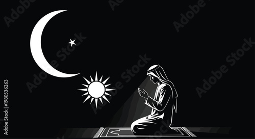 Muslim Man Praying on Prayer Mat at Night with Moon and Sun