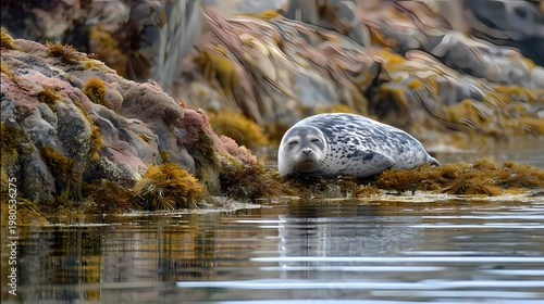 Grey Seal Halichoerus grypus Resting on Coastal Rocks