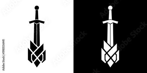 Sword designs displayed on white and black backgrounds