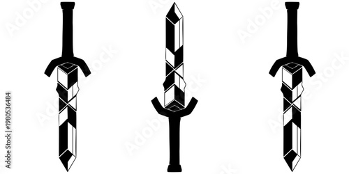 Three unique swords with black and white handles are displayed vertically.
