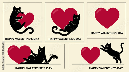 Happy Valentine's Day Greeting Card Collection Featuring Cute Black Cats and Red Hearts in Minimalist Style