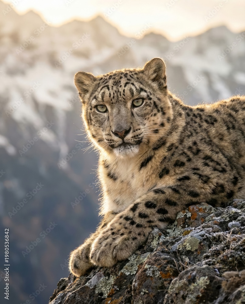 Fototapeta premium Majestic snow leopard resting on a rocky cliff representing high altitude wildlife conservation