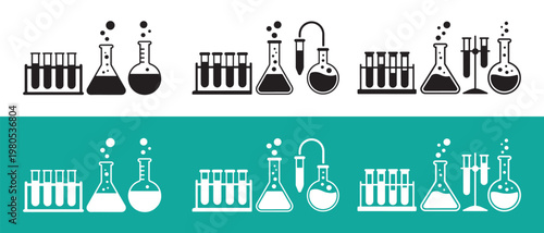 Laboratory glassware icons set. with various beakers, conical flasks, round-bottom flasks, and test tubes in racks, symbolizing science research and experiments.