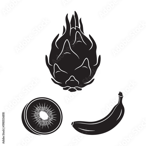 Tropical fruit icons with dragon fruit kiwi and banana