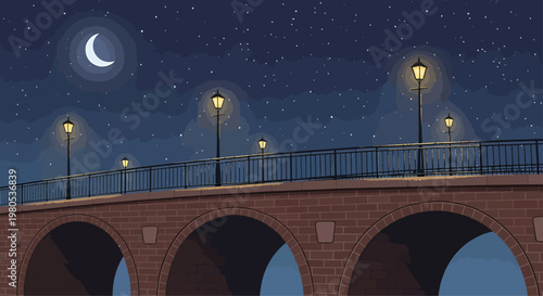 Brick Bridge with Arches under Night Sky with Crescent Moon