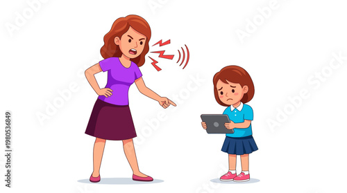 Angry Mother Shouting and Scolding Daughter Holding Tablet, Parenting Conflict and Screen Time Discipline Concept, Vector Illustration