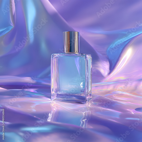 Clear glass perfume bottle on soft purple fabric in a well-lit setting