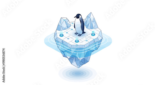 A solitary penguin stands majestically on a stylized, shimmering blue iceberg, creating an iconic digital illustration, reflecting on the delicate balance of nature