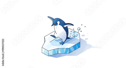 Cute cartoon penguin standing on a small iceberg with bubbles floating around it, representing a fun and whimsical aquatic theme