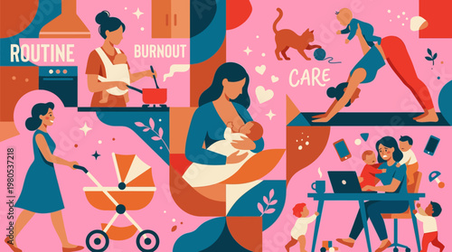 Motherhood and Work-Life Balance Illustration: Stress, Burnout, Self-Care, and Daily Routine Concept