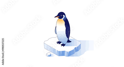 A charming illustration of an emperor penguin standing proudly on a small ice floe with a white background, perfect for educational or nature-themed content
