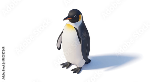 Isolated image of an Emperor Penguin standing on a white surface, casting a subtle shadow