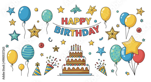 Happy Birthday Celebration Elements: Cake, Balloons, Stars, Party Poppers