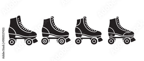 Classic Black Roller Skates Vector Icons. Row on White Background, Retro Quad Skate Silhouette Illustration Set.
