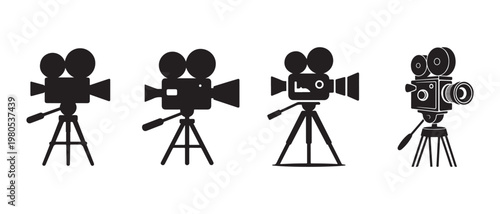 Set of vintage movie camera silhouettes on tripods, classic film production and cinema icons on white background.