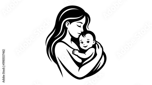 Mother Holding Baby Black and White Vector Illustration - Maternal Love and Child Care Icon