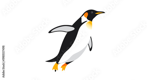 A stylized, minimalistic illustration of a jumping emperor penguin on a white background, with its wings outstretched