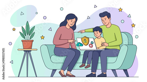 Family Cyber Security and Parental Control Concept Illustration with Parents and Child Using Laptop Safely at Home