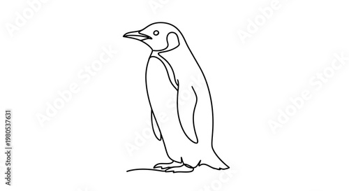 A minimalist line drawing of a penguin standing elegantly on a white background, showcasing its distinctive silhouette