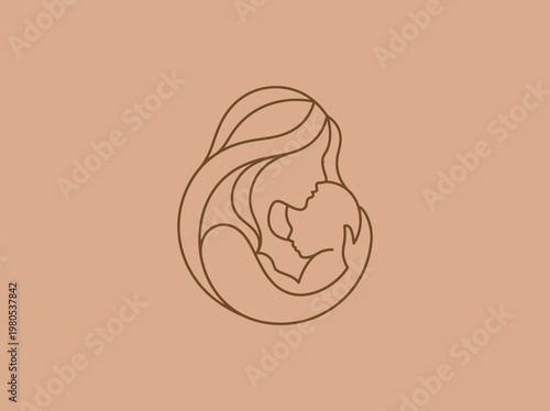 Minimalist Mother and Baby Line Art Illustration - Maternal Love and Motherhood Concept