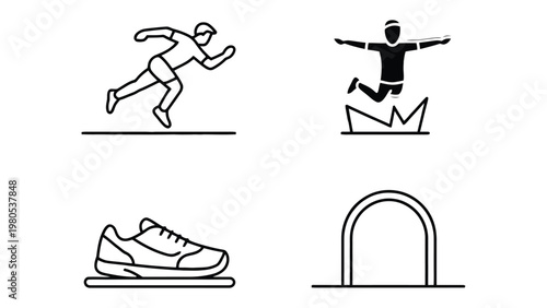 Sports Icon Set: A minimalistic collection of sports-themed icons, including running, jumping, and associated equipment, conveying dynamic movement and activity.