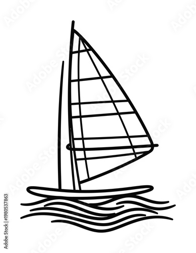Vector of a sailboat with a sail gliding through calm wavy waters in a minimalist style