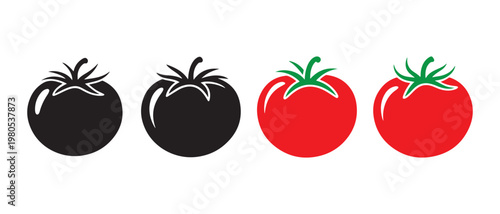 Tomato Icons Set. Fresh Red and Black Silhouette Graphic Symbols for Healthy Food and Vegetable Concepts on White Background.