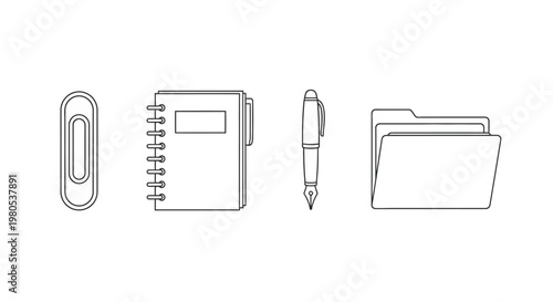 Office Supplies Icon Set: Paperclip, Notebook, Pen, Folder - Clean Line Art