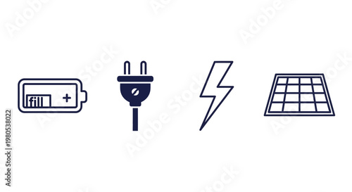Energy Icons: Battery, Plug, Lightning Bolt, Solar Panel - Renewable Power Concept