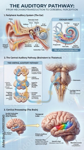 Detailed Infographic of the Auditory Pathway from Mechanotransduction to Cerebral Perception with Illustrations of Ear and Brain