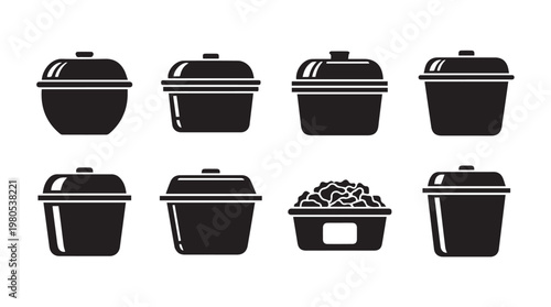 Assorted Black Cookware Silhouettes with One Filled Container for Culinary Design