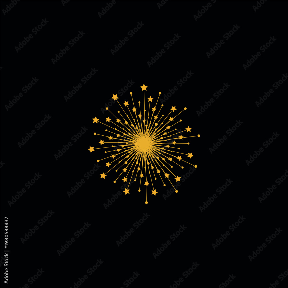 Fototapeta premium Golden starburst explosion with radiating lines and dots on black background yellow