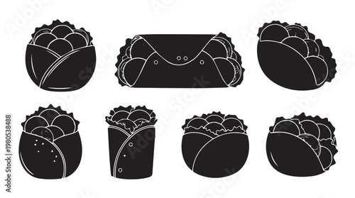 Assorted Mexican Food Wraps and Tacos in Silhouette Style on White Background