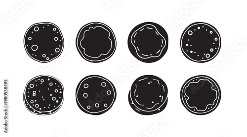 Assorted Round Food Items in Black Silhouette with White Outline on White Background