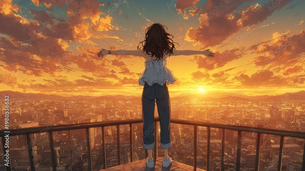 Fototapeta premium Anime girl standing with outstretched arms on rooftop railing, long dark hair, light blue ruffled top and jeans, glowing sunset cityscape, back view, dreamy painterly illustration