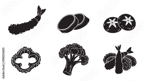 Assorted Tempura Ingredients silhouette with clean background for culinary design
