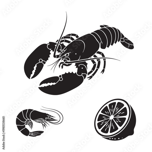 Seafood icons with whole lobster shrimp and lemon wedge set
