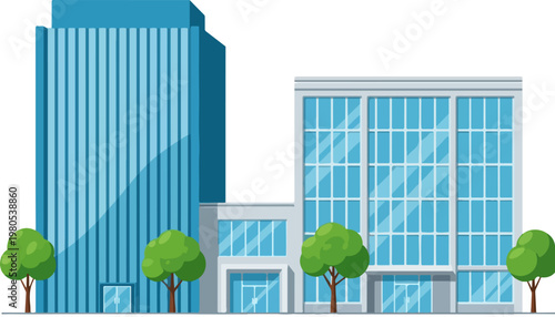 Modern office building vector illustration, blue glass skyscraper and corporate headquarters, urban city architecture with green trees
