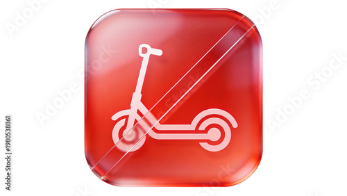 Red Glossy Electric Scooter Forbidden Icon in Crystal Glass Style
