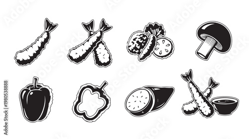 Assortment of Japanese Fried Shrimp and Vegetables in a Clean Vector Style