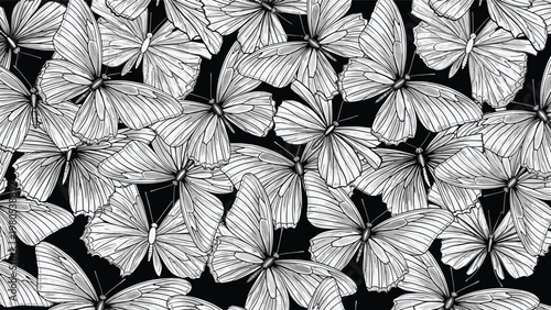 Dense monochrome pattern of realistic butterflies with detailed wing textures filling the entire frame on a solid black background for art.