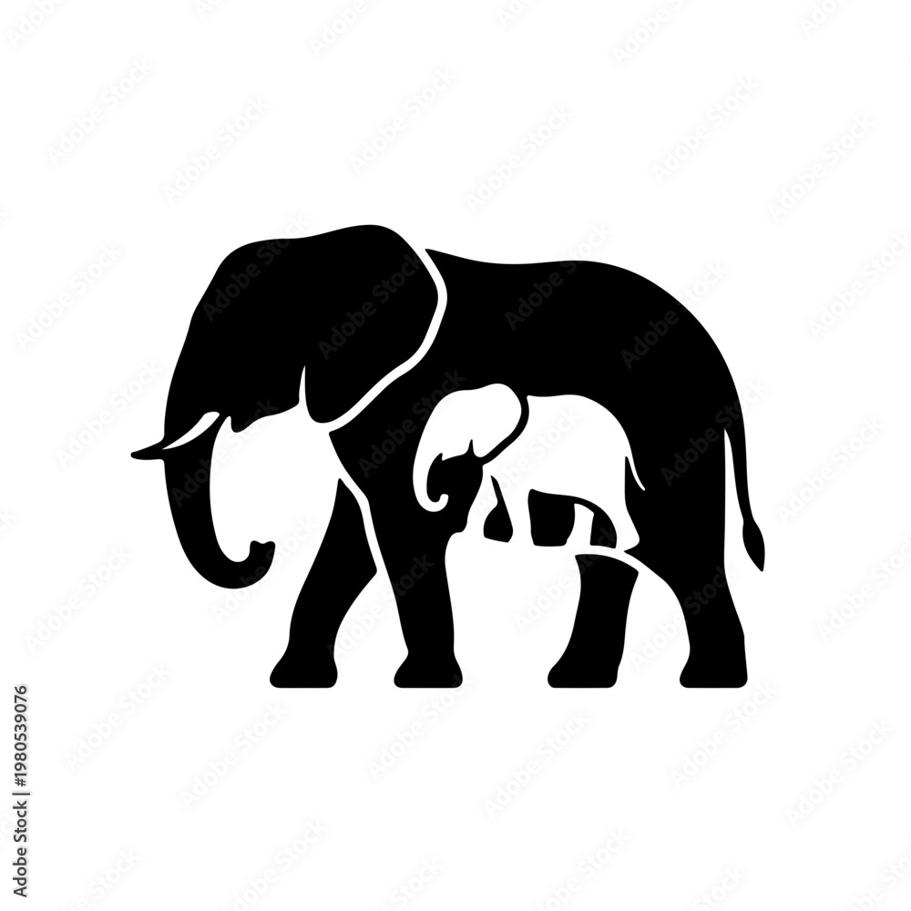 Fototapeta premium Creative Negative Space Elephant Logo. Minimalist black and white vector icon using clever spatial design to form a silhouette. Modern and smart branding element for corporate identity. 