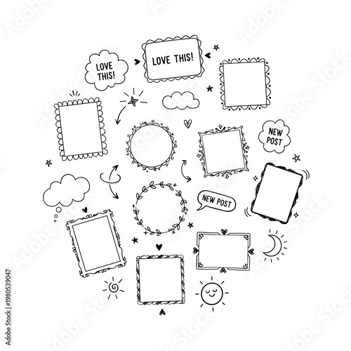 Hand drawn doodle frames with speech bubbles and decorations isolated on white background, no background. Concept of social media templates, storytelling layouts, and creative content design.